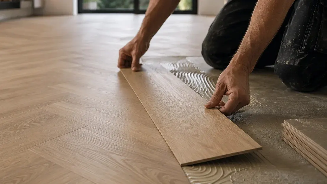 Vloerlegger legt een houten visgraatvloer, case De Vulder Interieur