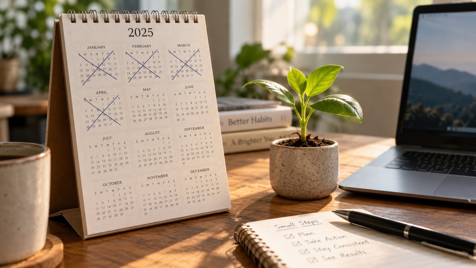 Kalender en notitieboek met een SEO-planning over meerdere maanden