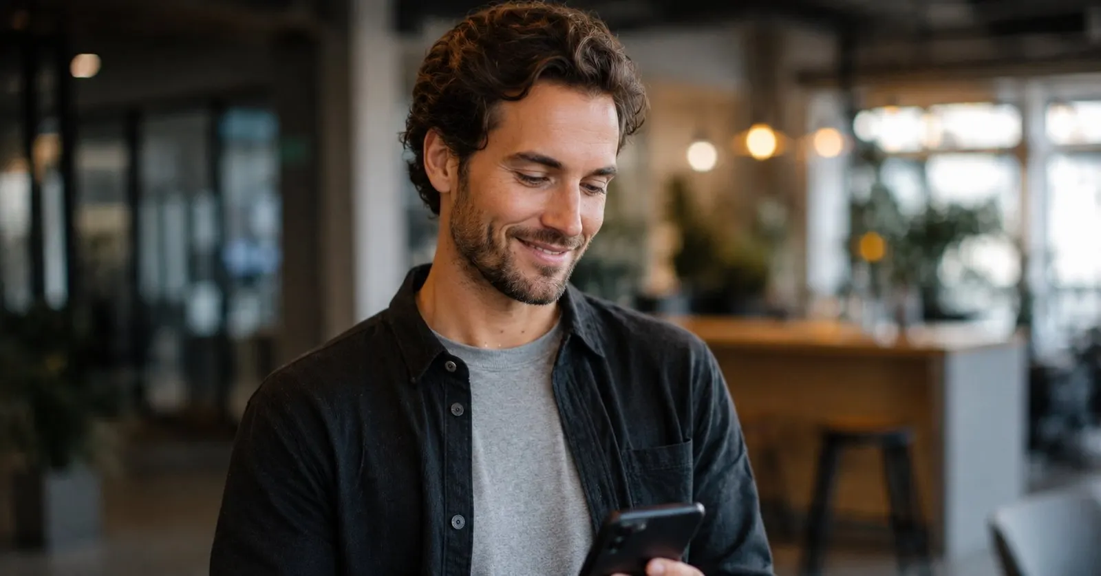 Ondernemer kijkt lachend naar zijn telefoon op kantoor