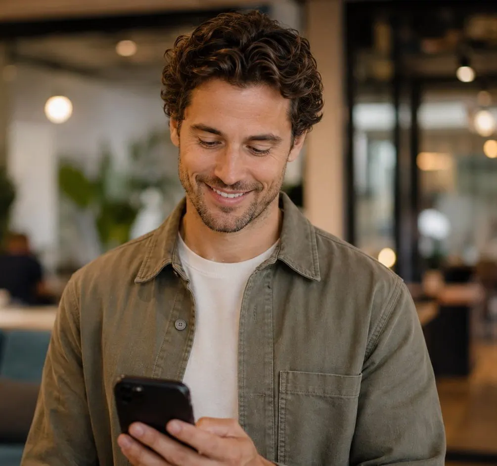 Ondernemer kijkt lachend op zijn telefoon, ook een website laten maken