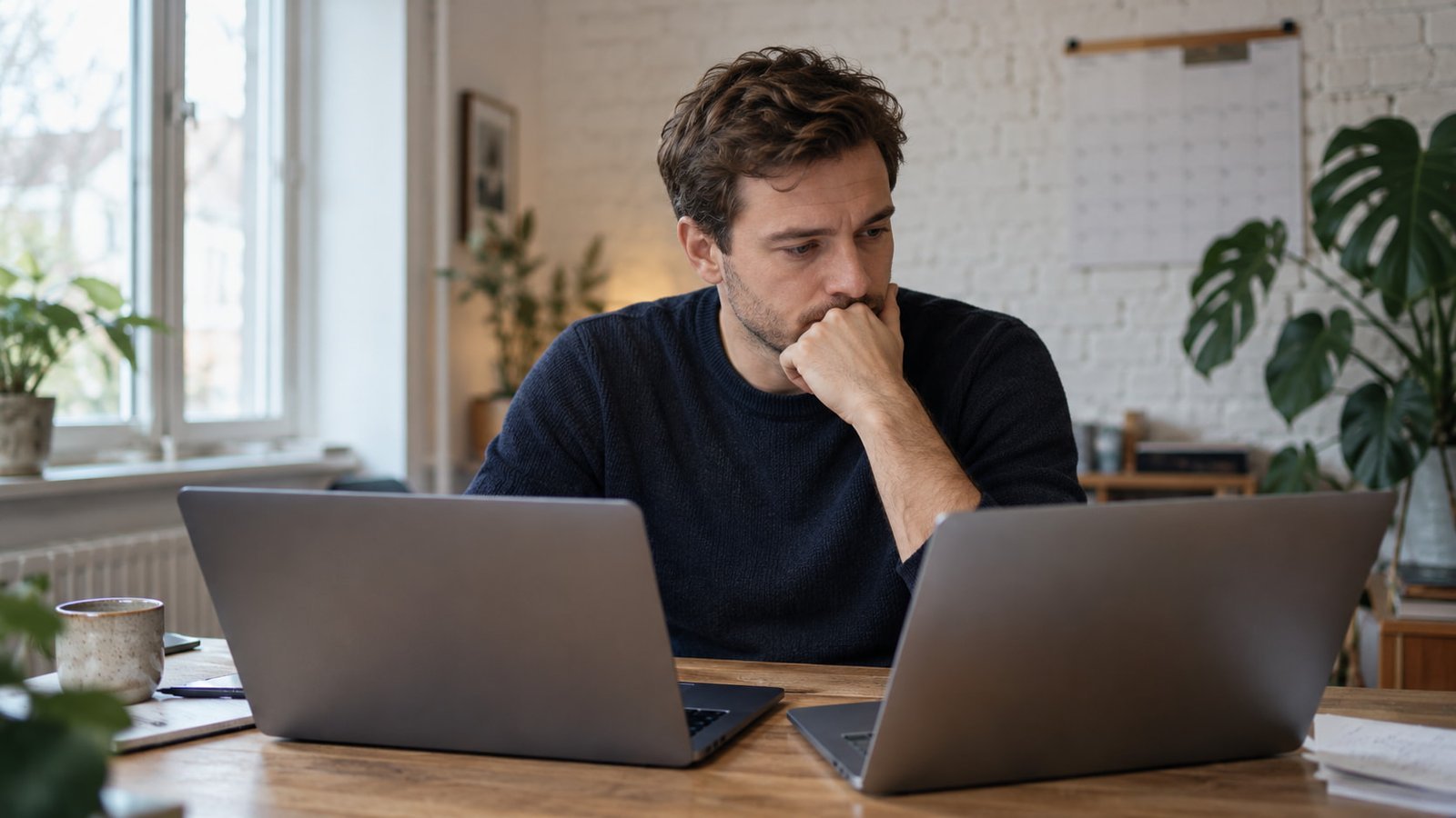 Ondernemer vergelijkt WordPress en Wix op twee laptops