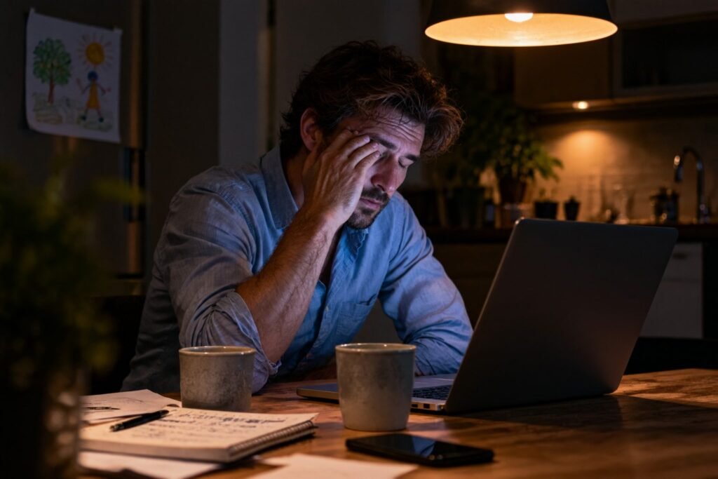 Ondernemer werkt in de avond door aan zijn zelfgebouwde website