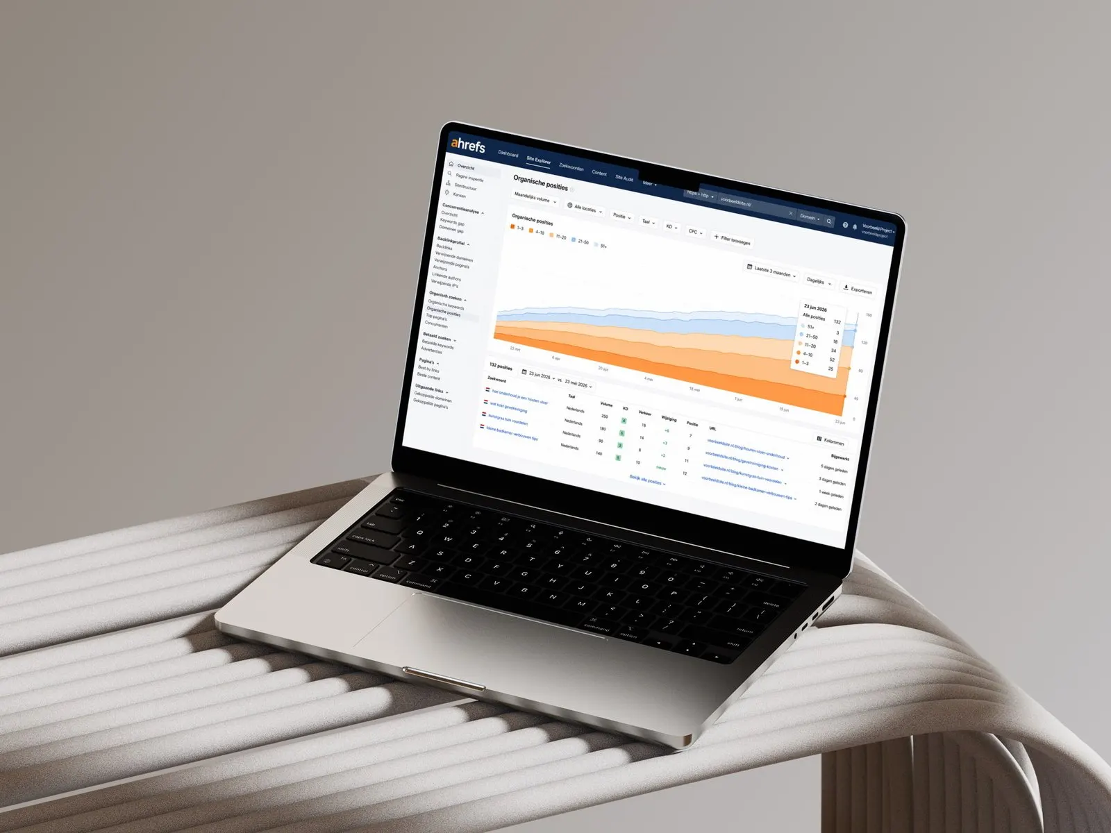 Laptop met overzicht van posities in Google en groei van websitebezoekers per maand