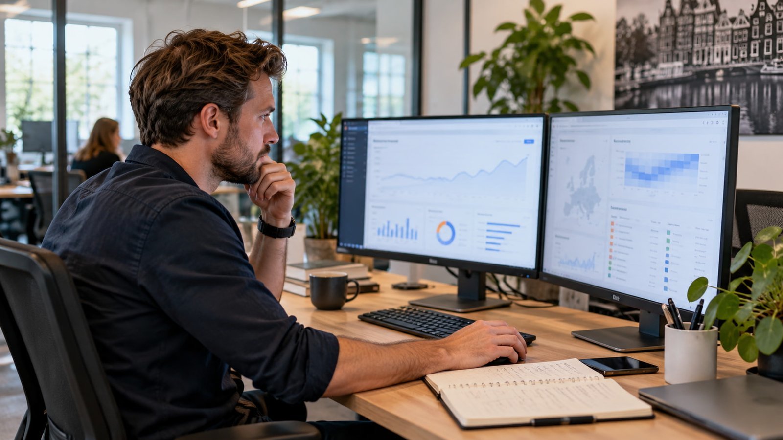 Specialist analyseert SEO-data en zoekverkeer op twee schermen