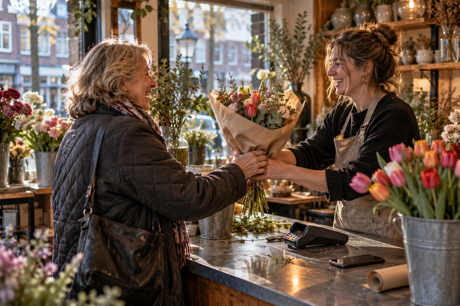 Tevreden klant in een lokale bloemenwinkel