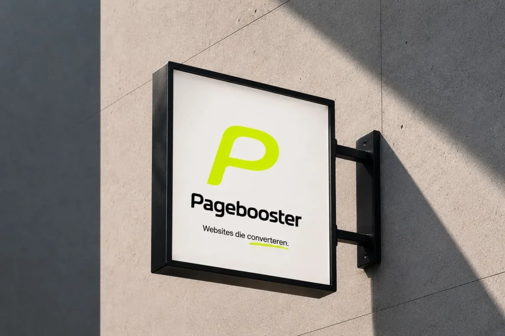 Uithangbord van Pagebooster aan een gevel