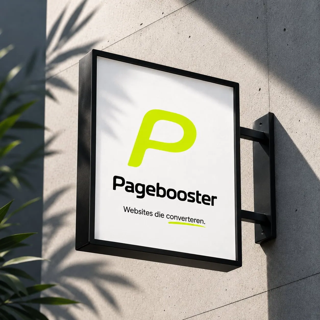 Uithangbord van Pagebooster aan een gevel