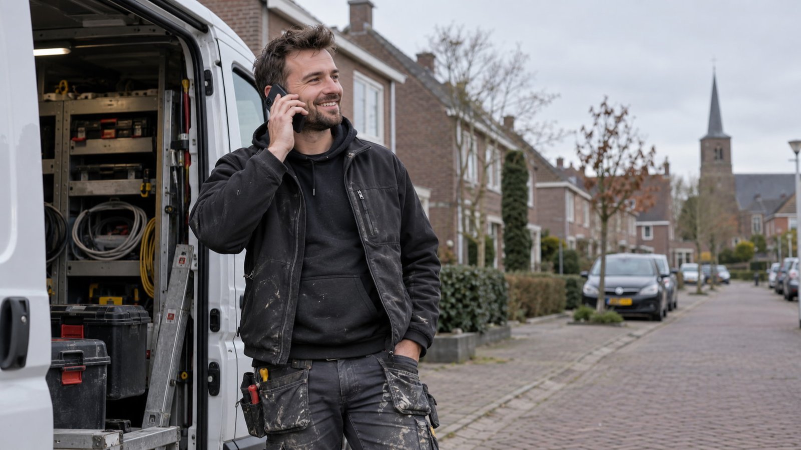 Vakman belt met een nieuwe klant die hem via Google vond