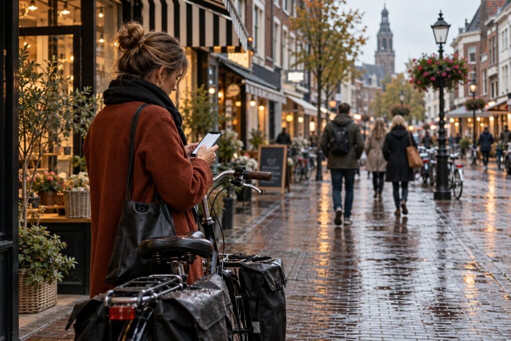 Vrouw zoekt op haar telefoon naar een bedrijf in de binnenstad
