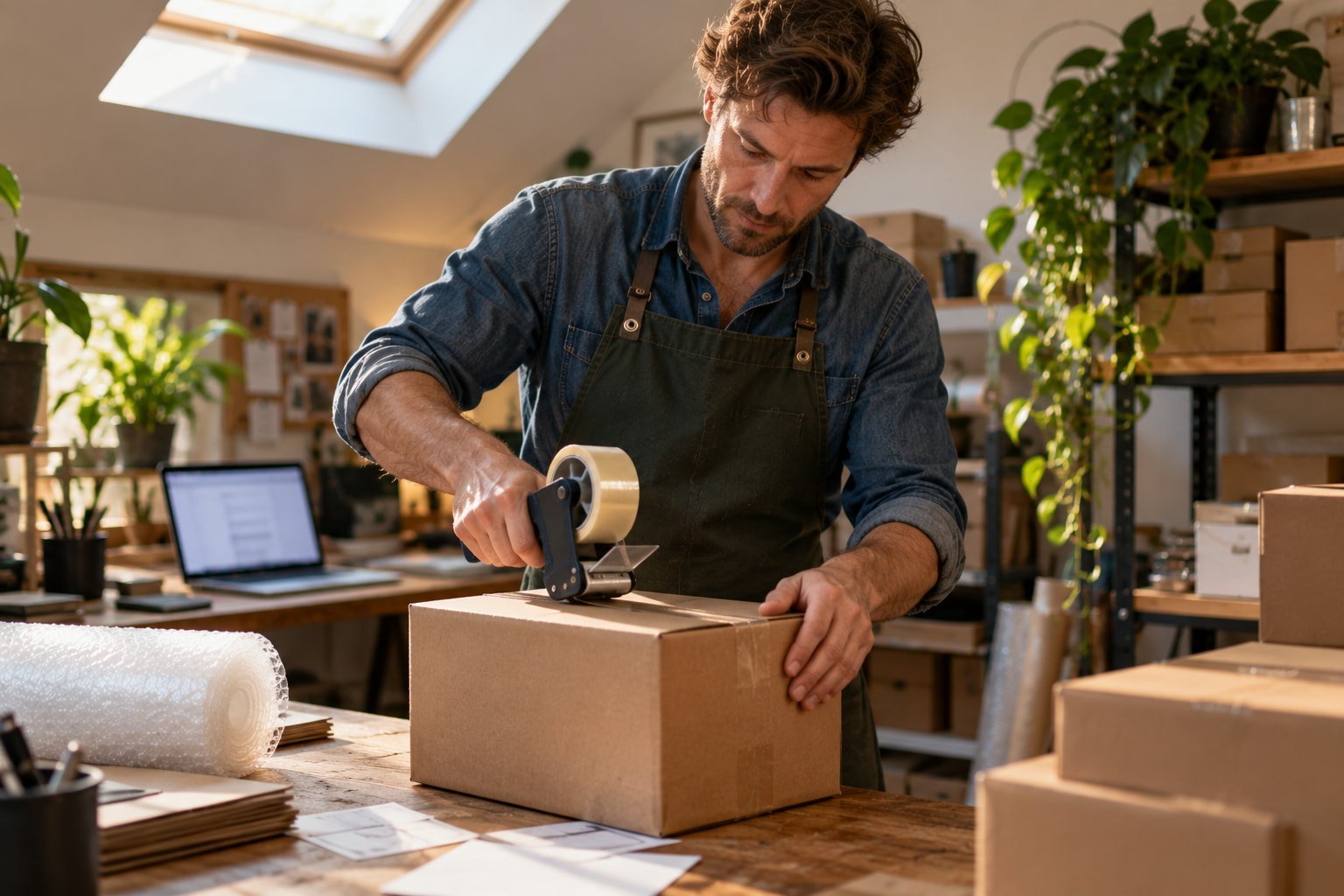 Webshop-eigenaar pakt een bestelling in voor verzending