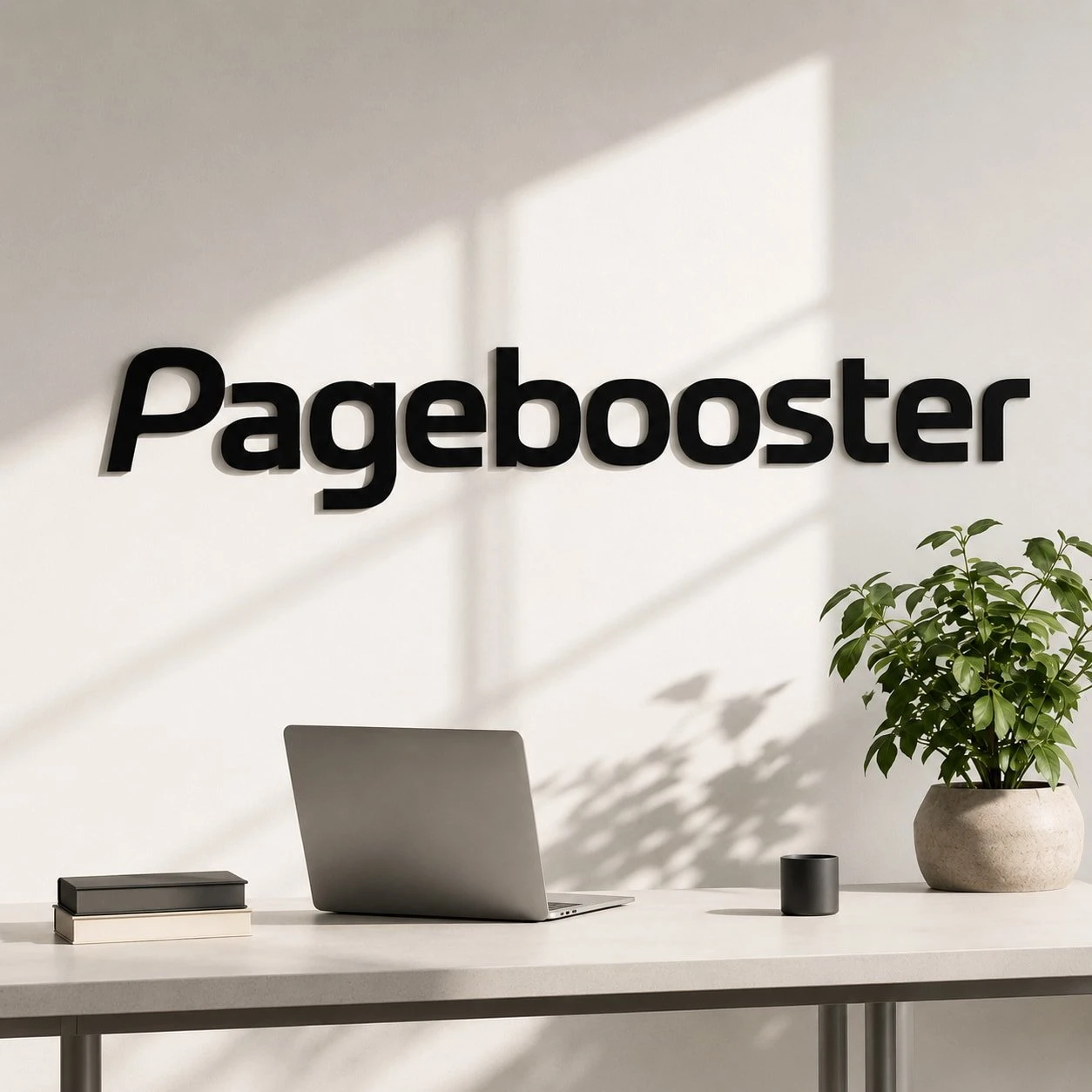 Werkplek van Pagebooster met het logo op de muur